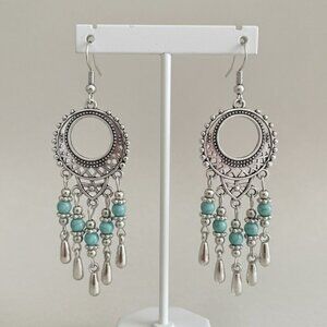 Silver Metal Faux Turquoise Dangle Pierced Earrings